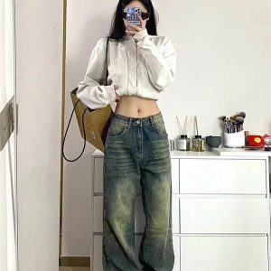 Fall Washed Low-Rise Baggy Jeans - 2000s Fashion Nostalgia Outfit