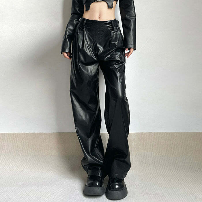 Faux Leather Grunge Pants - 2000s Fashion, Y2K Aesthetic Outfit, Trashy Style