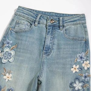 Floral Meadow Embroidered Jeans - 2000s Fashion Inspired Women's Outfit