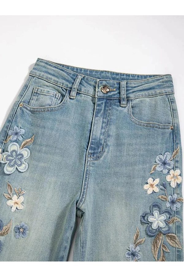 Floral Meadow Embroidered Jeans - 2000s Fashion Inspired Women's Outfit