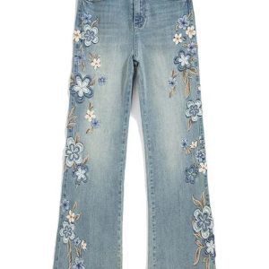 Floral Meadow Embroidered Jeans - 2000s Fashion Inspired Women's Outfit