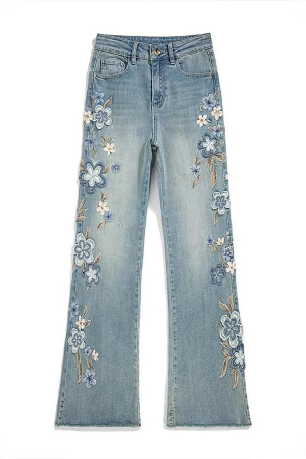 Floral Meadow Embroidered Jeans - 2000s Fashion Inspired Women's Outfit