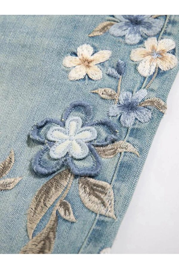 Floral Meadow Embroidered Jeans - 2000s Fashion Inspired Women's Outfit