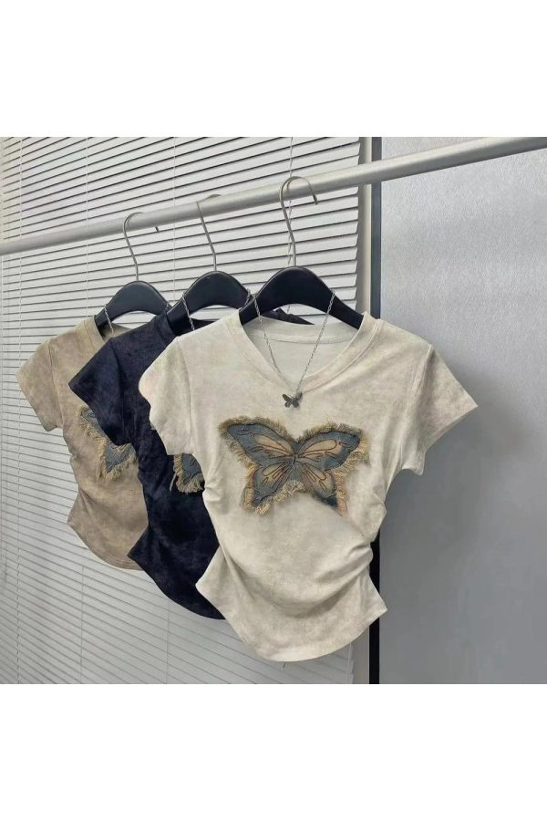 Frayed Butterfly Patch Top - 2000s Fashion, Nostalgia Outfits & Styles