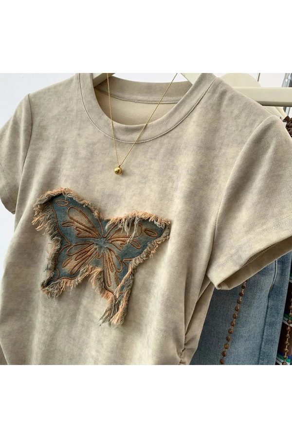 Frayed Butterfly Patch Top - 2000s Fashion, Nostalgia Outfits & Styles