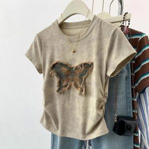 Frayed Butterfly Patch Top - 2000s Fashion, Nostalgia Outfits & Styles