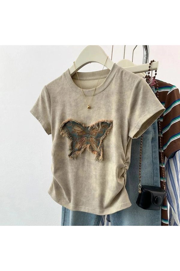 Frayed Butterfly Patch Top - 2000s Fashion, Nostalgia Outfits & Styles