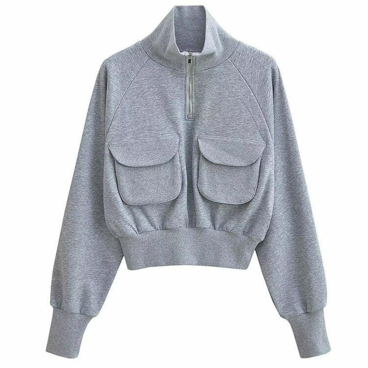 Front Pockets Grey Zip Up Sweatshirt - 2000s Fashion Nostalgia Outfit