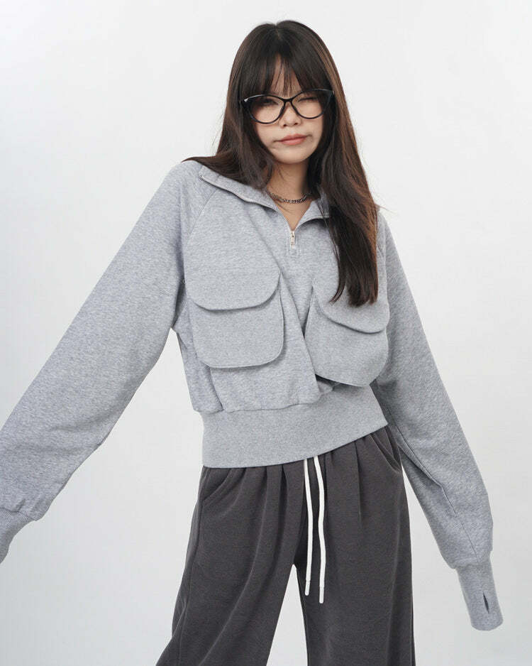 Front Pockets Grey Zip Up Sweatshirt - 2000s Fashion Nostalgia Outfit