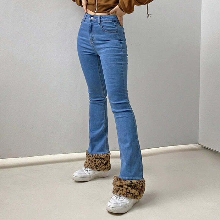 Fuzzy Leopard Trim Jeans - 2000s Fashion, Nostalgia Outfits, Y2K Style