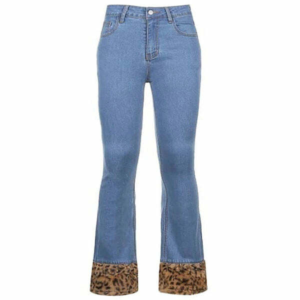 Fuzzy Leopard Trim Jeans - 2000s Fashion, Nostalgia Outfits, Y2K Style