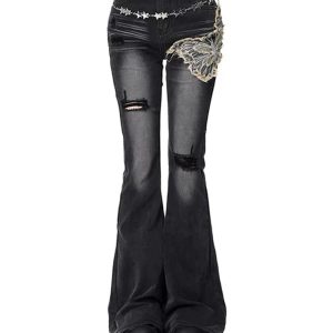 Gothic Butterfly Distressed Flare Jeans - 2000s Fashion Nostalgia Outfit