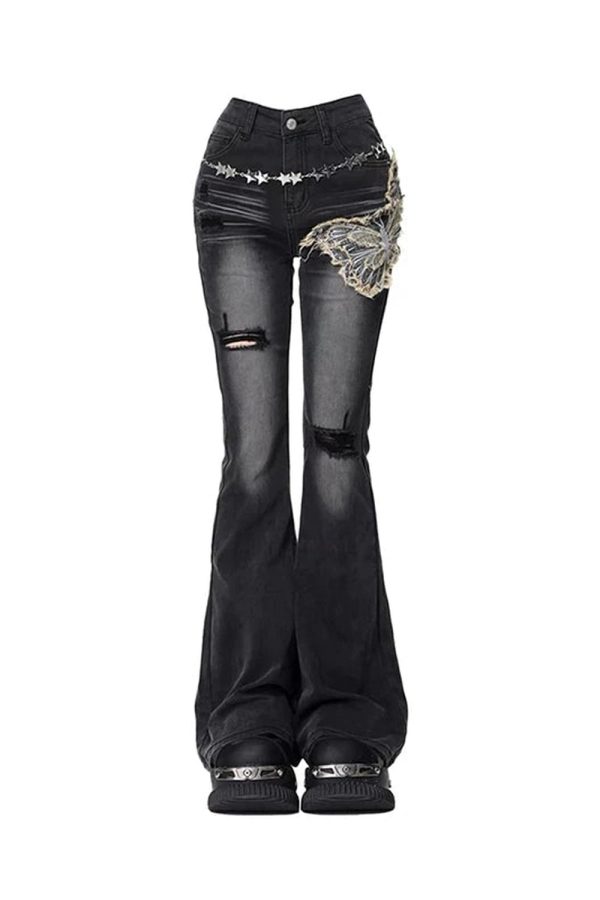 Gothic Butterfly Distressed Flare Jeans - 2000s Fashion Nostalgia Outfit