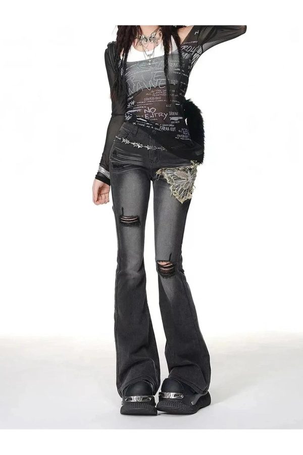 Gothic Butterfly Distressed Flare Jeans - 2000s Fashion Nostalgia Outfit