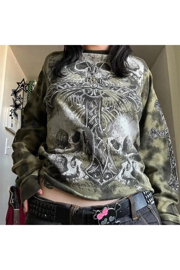 Gothic Cross and Skull Print Long Sleeve - 2000s Fashion Inspired Top