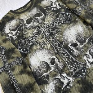 Gothic Cross and Skull Print Long Sleeve - 2000s Fashion Inspired Top