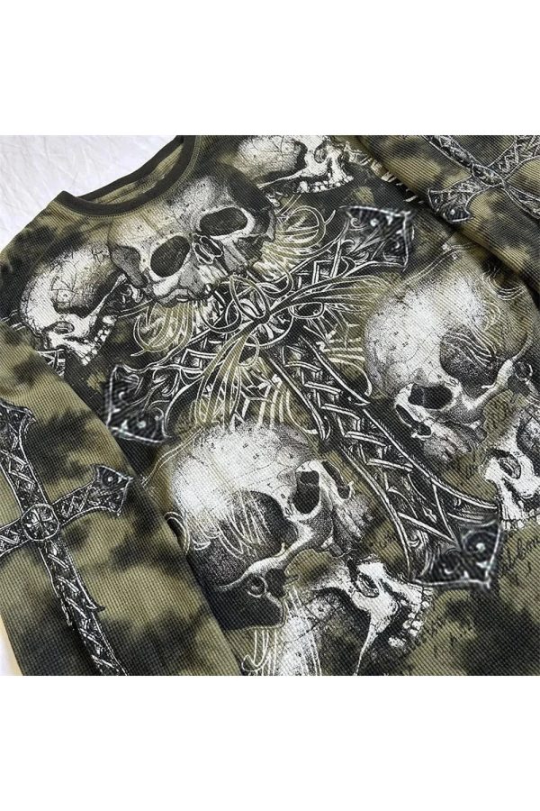 Gothic Cross and Skull Print Long Sleeve - 2000s Fashion Inspired Top