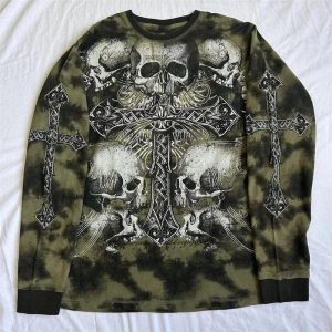 Gothic Cross and Skull Print Long Sleeve - 2000s Fashion Inspired Top