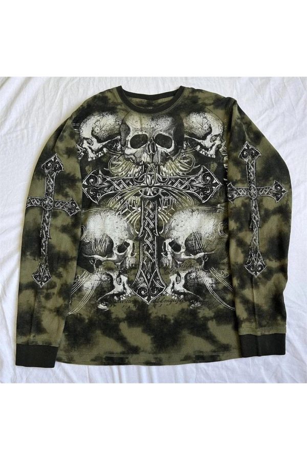 Gothic Cross and Skull Print Long Sleeve - 2000s Fashion Inspired Top