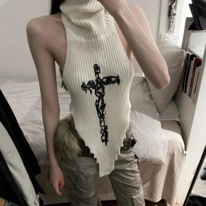 Gothic Cross Halter Knit Top - 2000s Fashion, Y2K Aesthetic Outfit