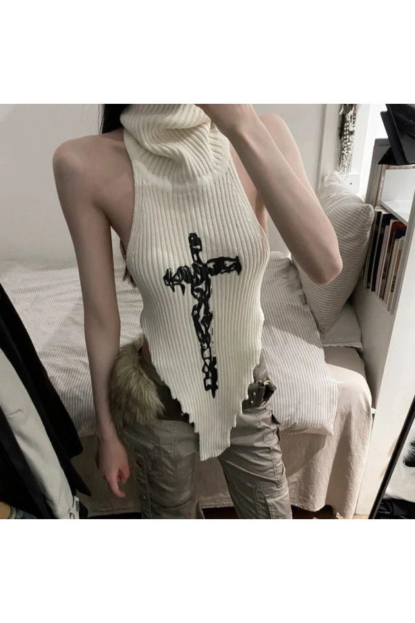 Gothic Cross Halter Knit Top - 2000s Fashion, Y2K Aesthetic Outfit