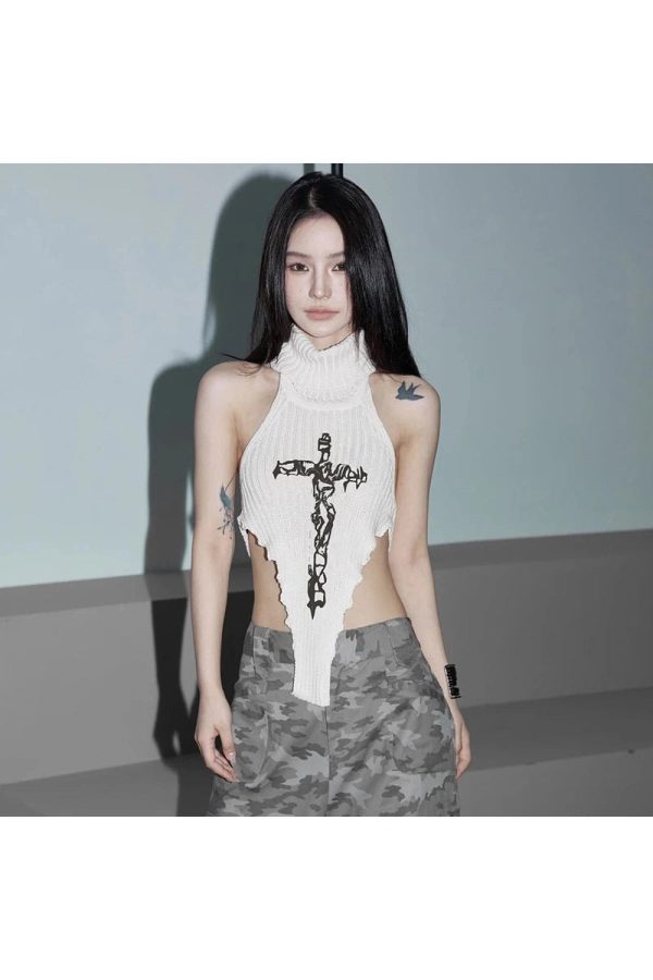 Gothic Cross Halter Knit Top - 2000s Fashion, Y2K Aesthetic Outfit