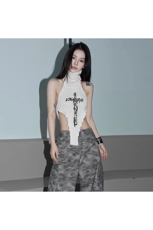 Gothic Cross Halter Knit Top - 2000s Fashion, Y2K Aesthetic Outfit