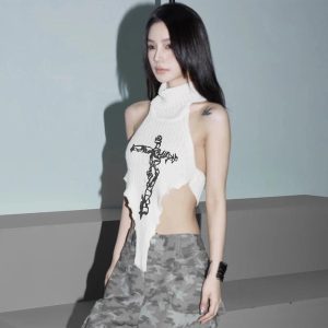 Gothic Cross Halter Knit Top - 2000s Fashion, Y2K Aesthetic Outfit