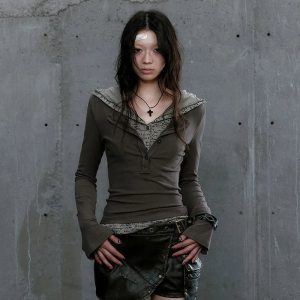 Gothic Script Layered Top - 2000s Fashion, Y2K Aesthetic Outfit, Winter Style