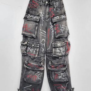 Graffiti Riot Cargo Jeans - 2000s Fashion, Y2K Aesthetic, Vintage Style