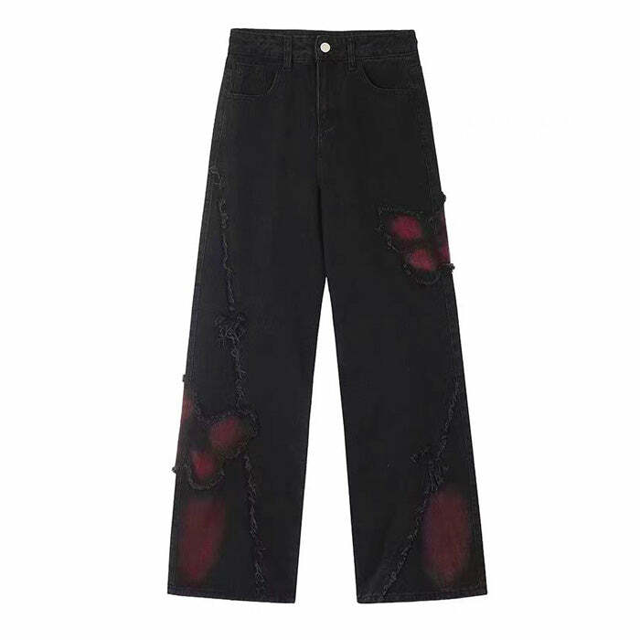 Grunge Aesthetic Black & Red Butterfly Jeans - 2000s Fashion Outfit