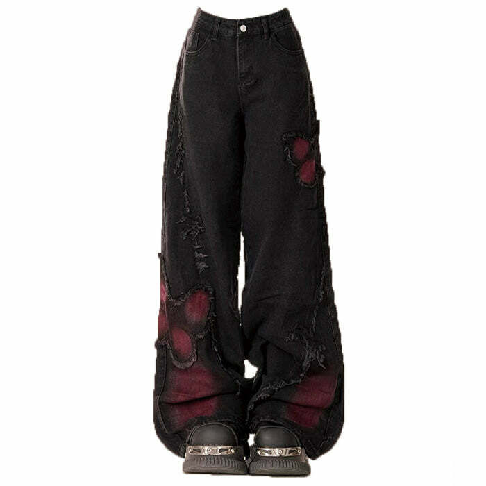 Grunge Aesthetic Black & Red Butterfly Jeans - 2000s Fashion Outfit