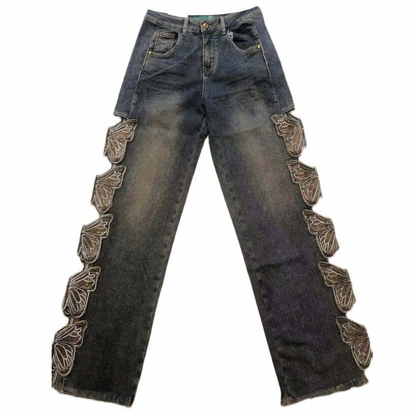 Grunge Aesthetic Butterfly Cut Out Jeans - 2000s Fashion Inspired Outfit