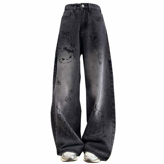 Grunge Aesthetic Cat Jeans - 2000s Fashion Inspired Outfit for Women