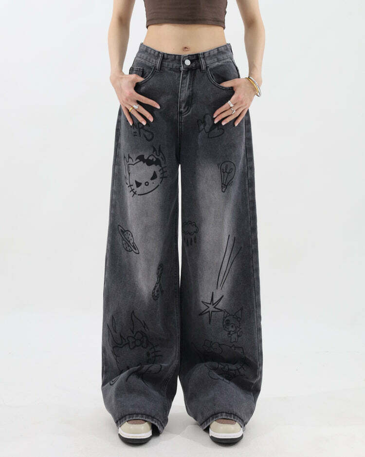 Grunge Aesthetic Cat Jeans - 2000s Fashion Inspired Outfit for Women