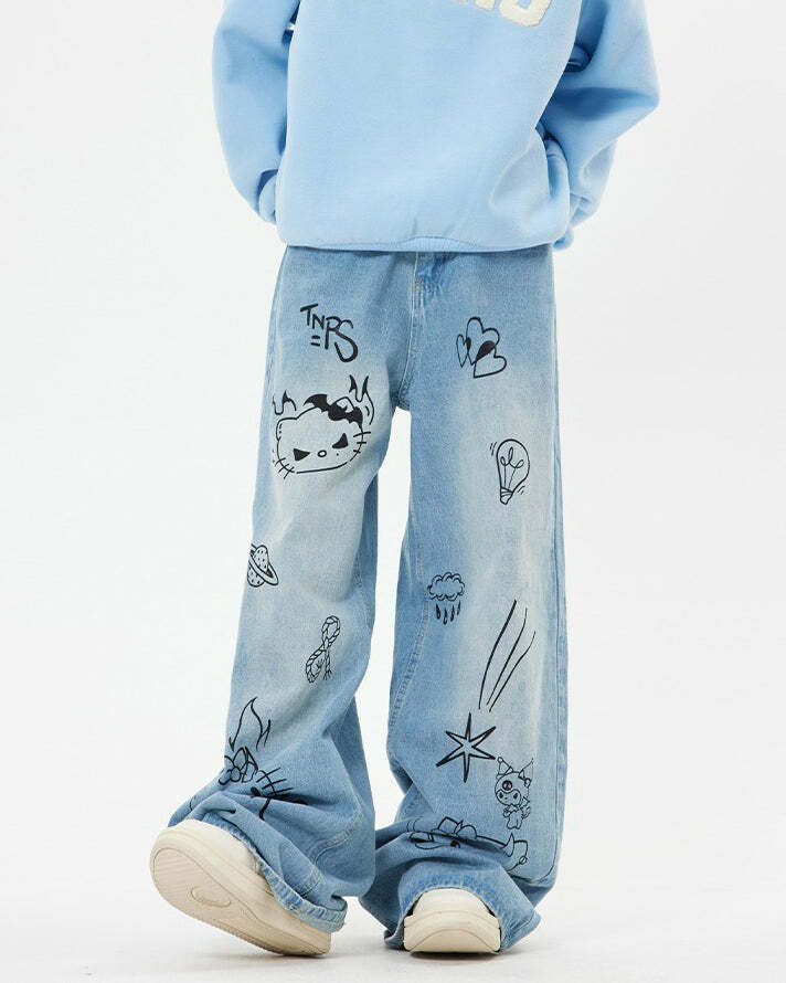 Grunge Aesthetic Cat Jeans in Blue | 2000s Fashion Inspired Outfit