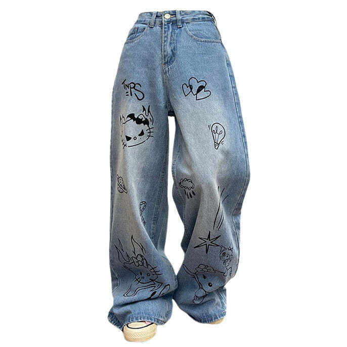 Grunge Aesthetic Cat Jeans in Blue | 2000s Fashion Inspired Outfit