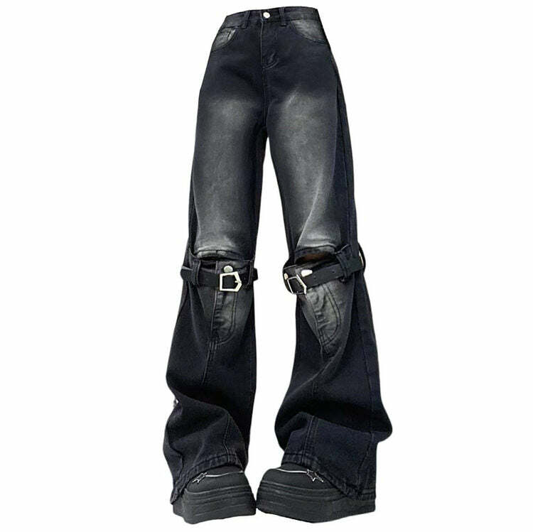 Grunge Aesthetic Knee Buckle Jeans - 2000s Fashion Inspired Outfit