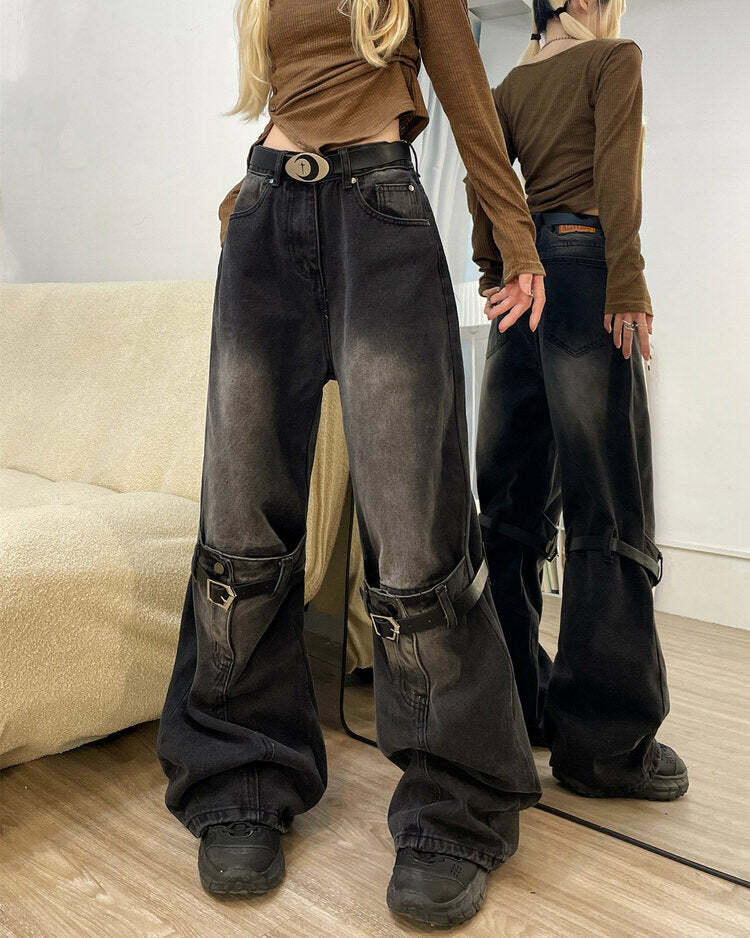 Grunge Aesthetic Knee Buckle Jeans - 2000s Fashion Inspired Outfit