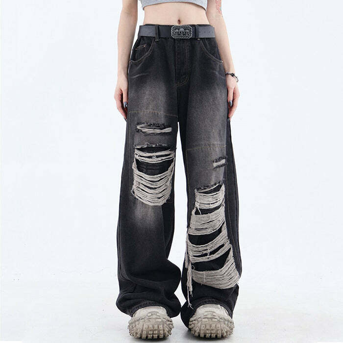 Grunge Aesthetic Ripped Wide Jeans - 2000s Fashion Inspired Outfit