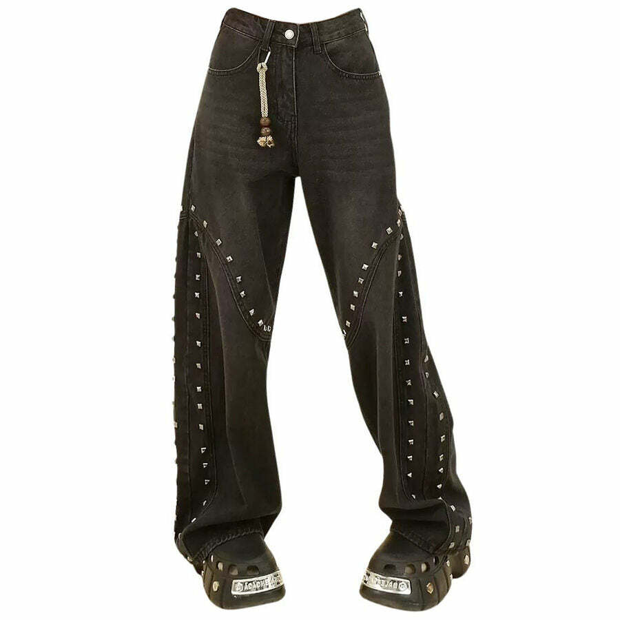 Grunge Aesthetic Rivet Jeans - 2000s Fashion Inspired Trashy Outfit