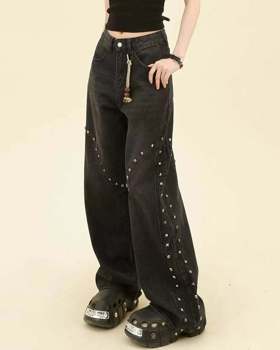 Grunge Aesthetic Rivet Jeans - 2000s Fashion Inspired Trashy Outfit