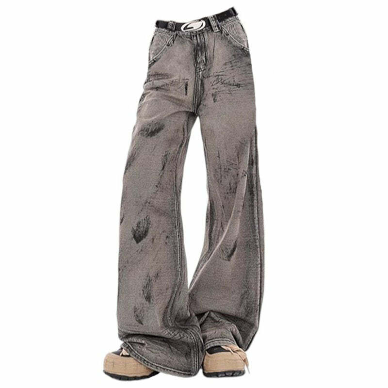 Grunge Aesthetic Wide-Leg Jeans in Grey - 2000s Fashion Inspired Outfit