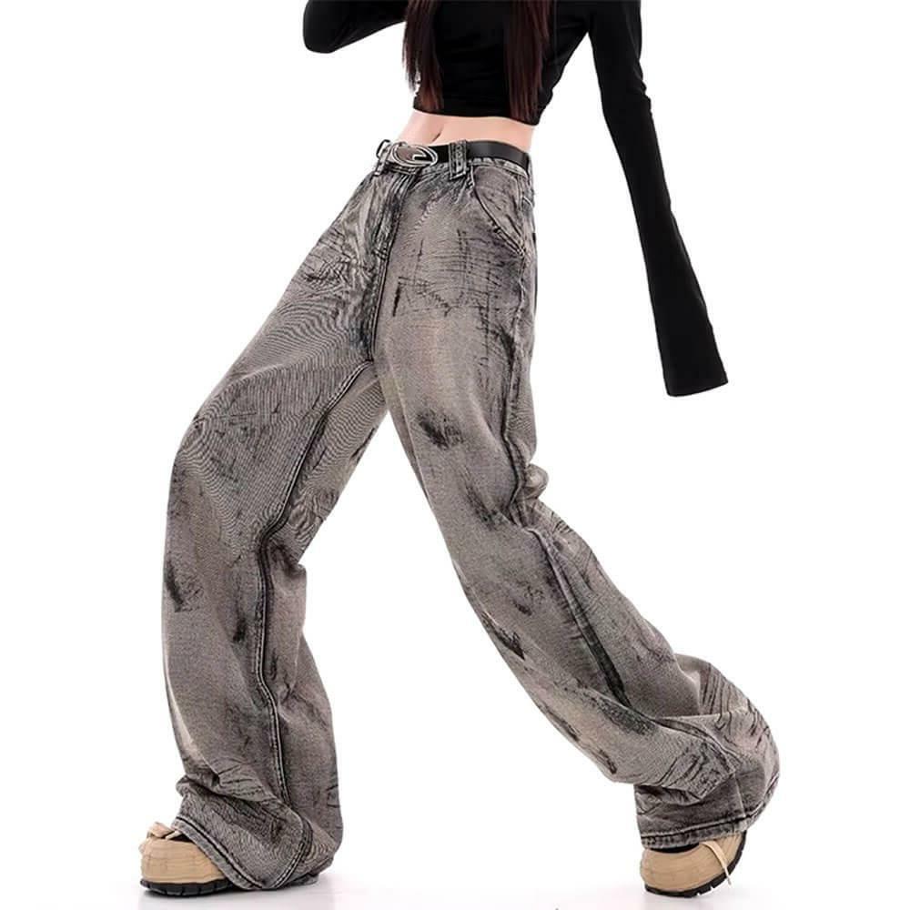 Grunge Aesthetic Wide-Leg Jeans in Grey - 2000s Fashion Inspired Outfit