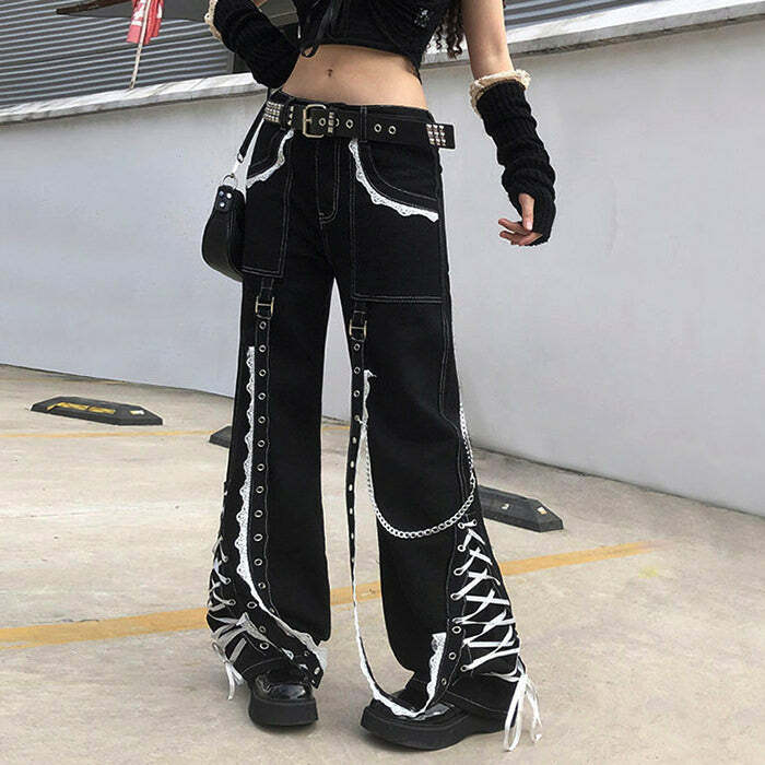 Grunge Lace Up Baggy Jeans - 2000s Fashion, Y2K Aesthetic Outfit