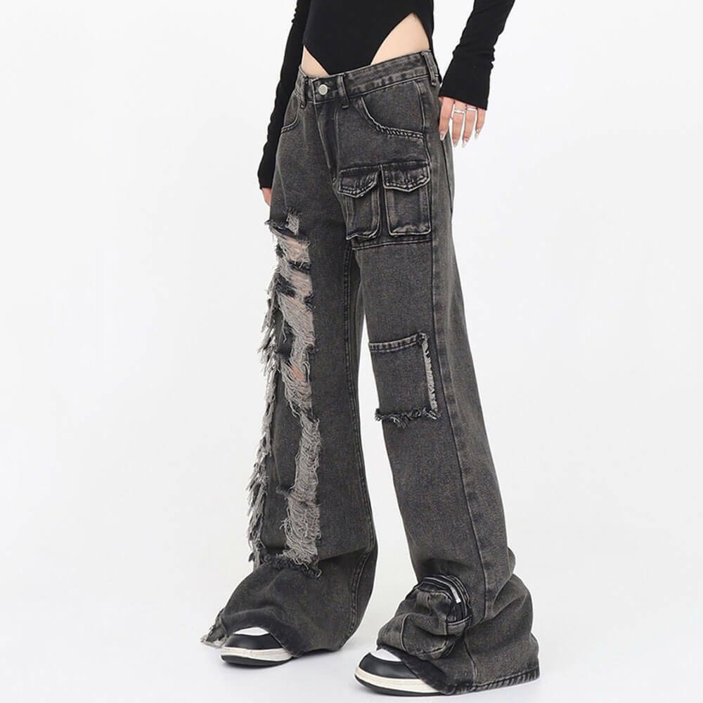 Grunge Ripped Jeans in Black - 2000s Fashion Inspired Women's Outfit