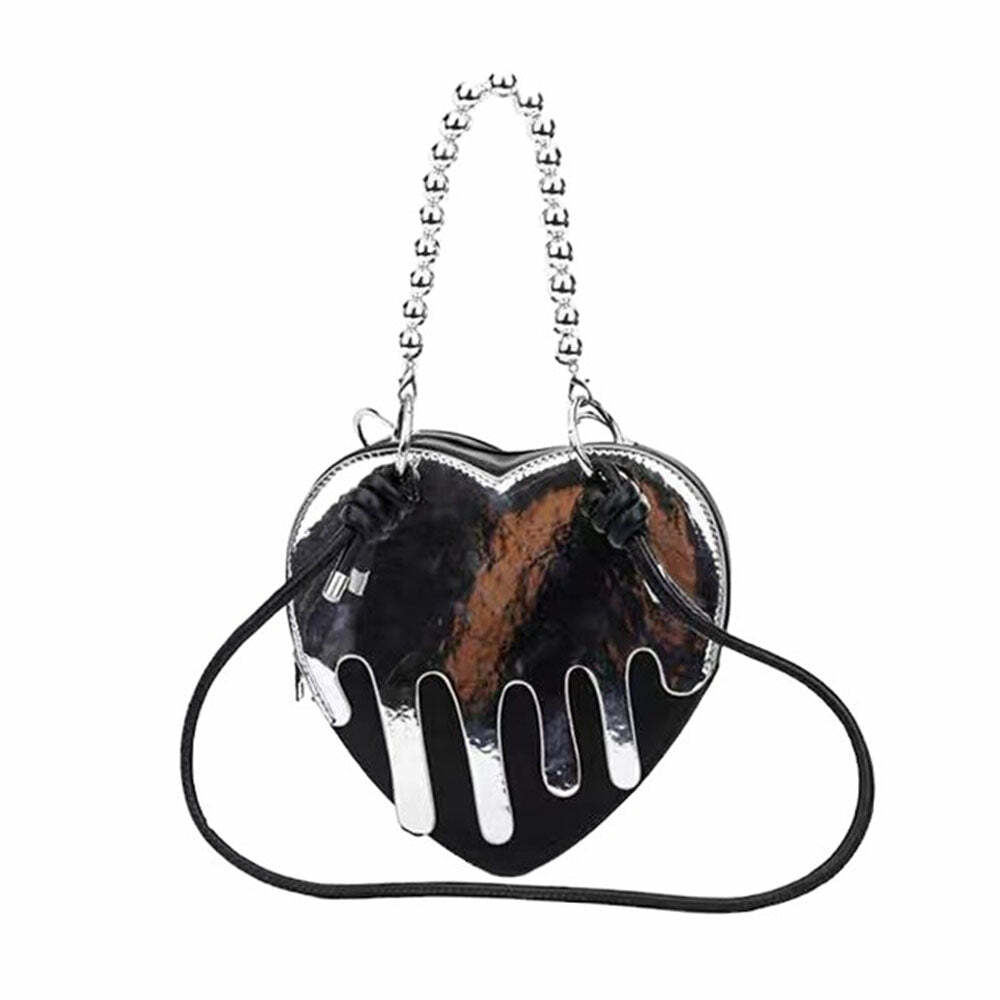 Grunge Silver Drip Heart Handbag - 2000s Fashion Nostalgia Outfit Accessory