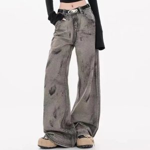 Grunge Splatter Wide-Leg Jeans - 2000s Fashion, Y2K Aesthetic Outfit