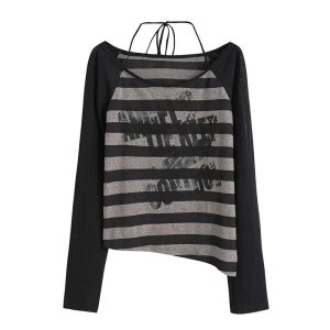 Grunge Striped Slouch Top - 2000s Fashion, Y2K Aesthetic Outfit