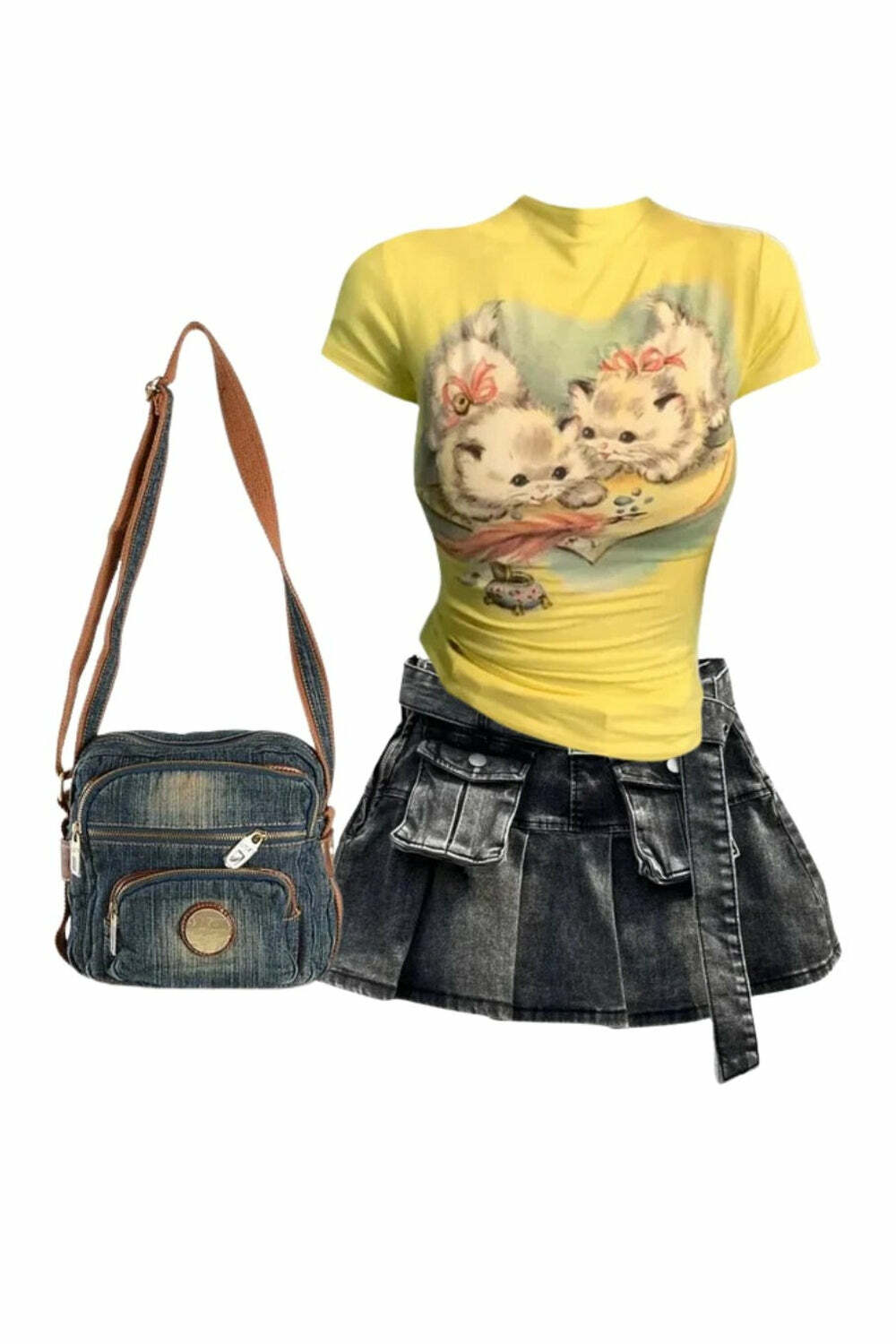 Grunge Utility Pocket Denim Skirt + Vintage Kitten Graphic Top + 2000s Handbag